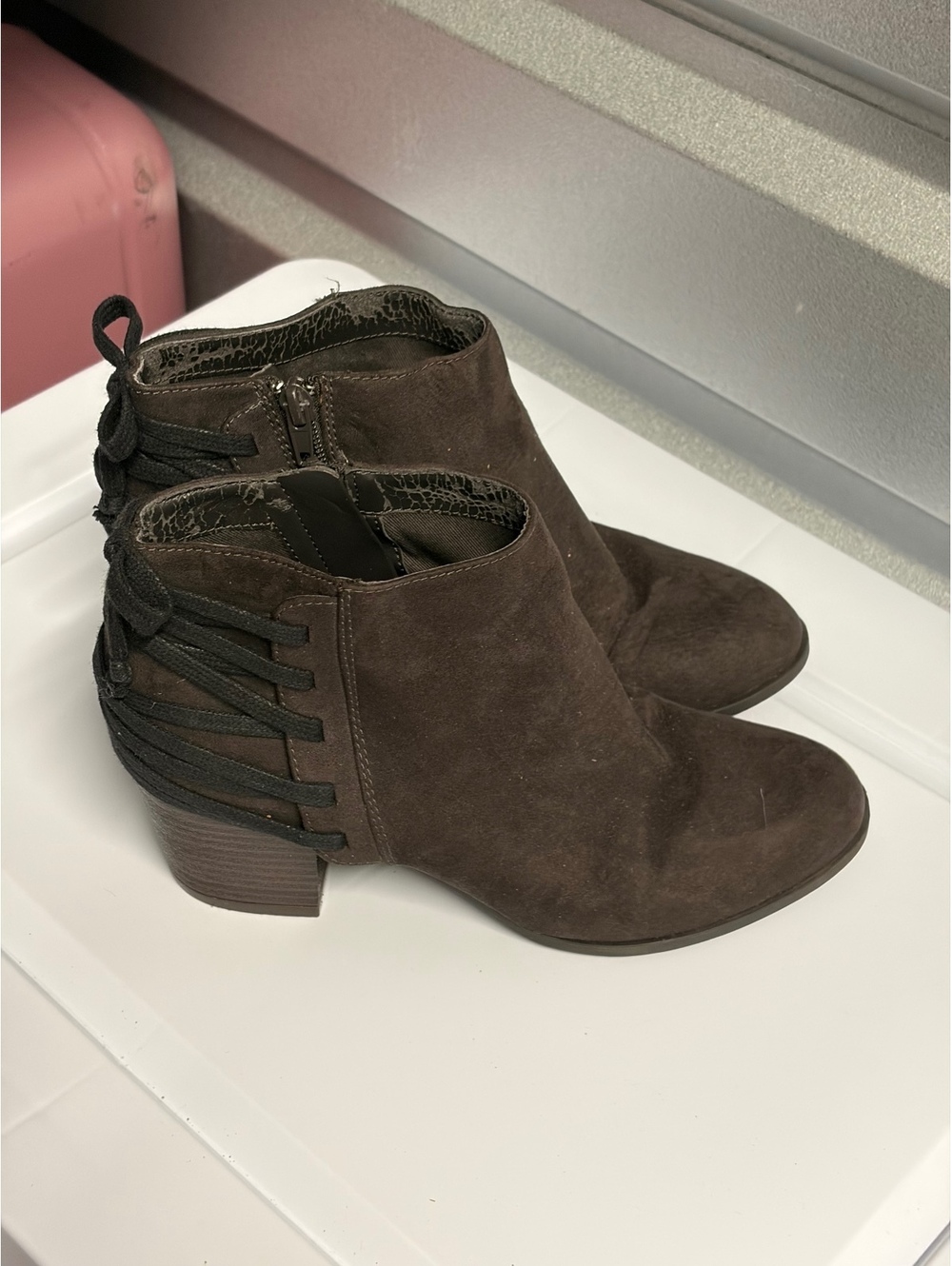 Brown Suede Ankle Boots with Decorative Back Lacing